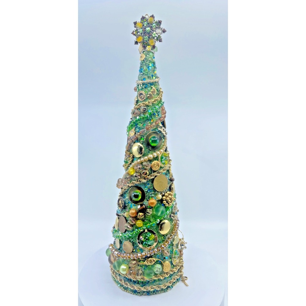 JEWELRY ART COIN GLASS SEED BEADS Beautiful Free-Standing Christmas Tree 16"